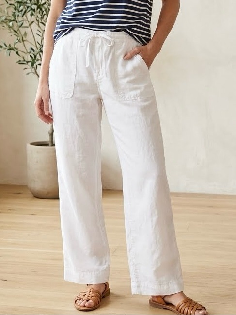Womens White Linen Blend Wide Leg Pants Drawstring Pockets Size 14 Coastal